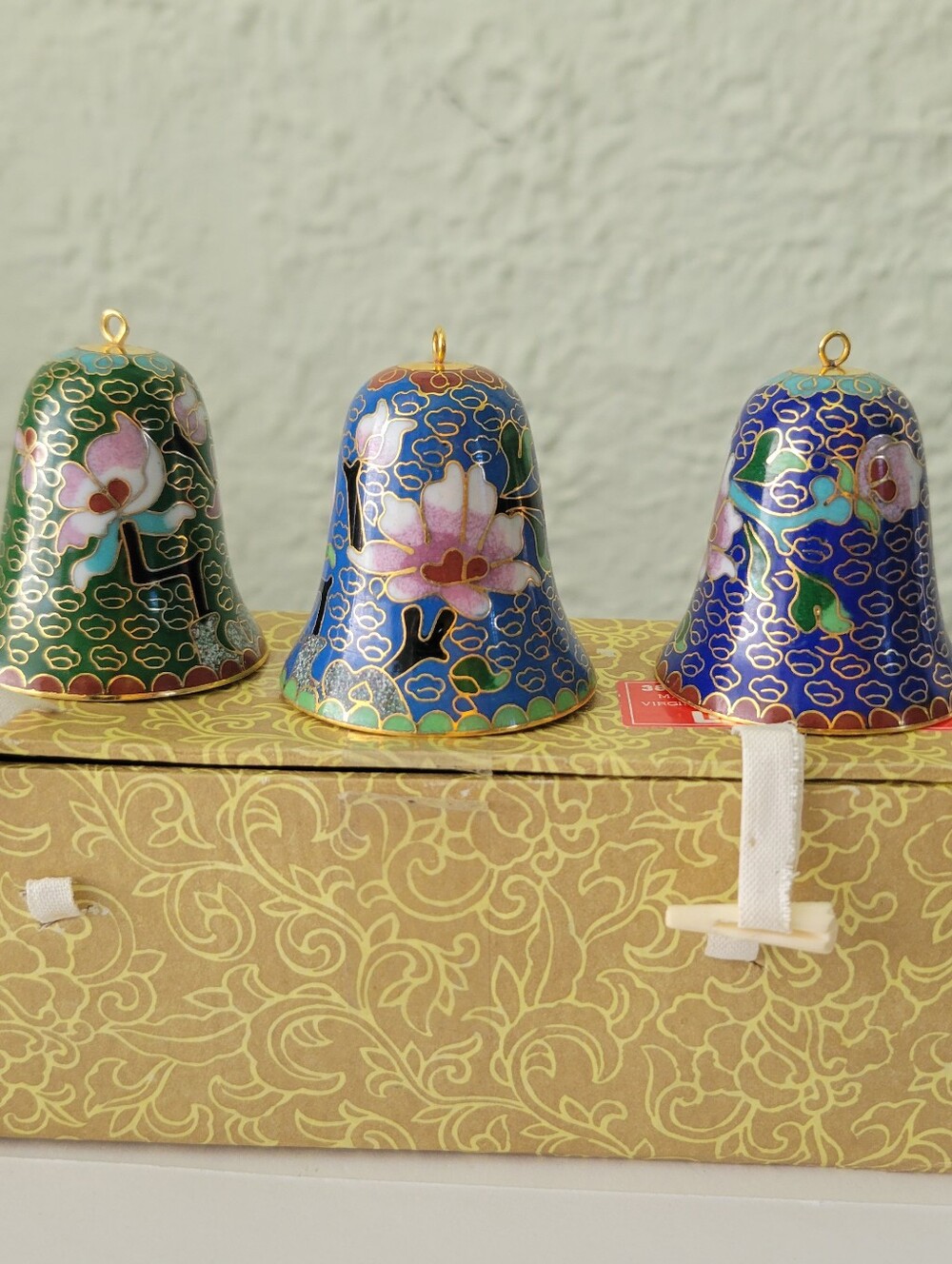 Vintage Lillian Vernon Cloisonne Bell Ornaments Set of 3 w/Original Box